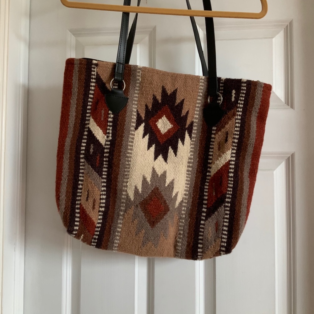 Boho blanket style wool carpet tote bag